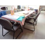 LOT - LUNCH ROOM TABLE, GREY FABRIC CHAIRS, ROUND TABLE & PLASTIC FOLDING TABLE