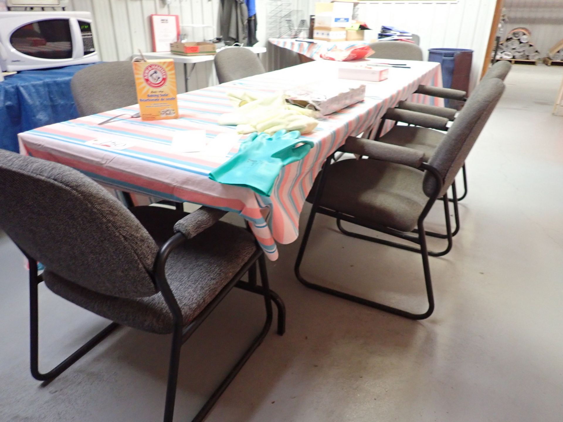 LOT - LUNCH ROOM TABLE, GREY FABRIC CHAIRS, ROUND TABLE & PLASTIC FOLDING TABLE