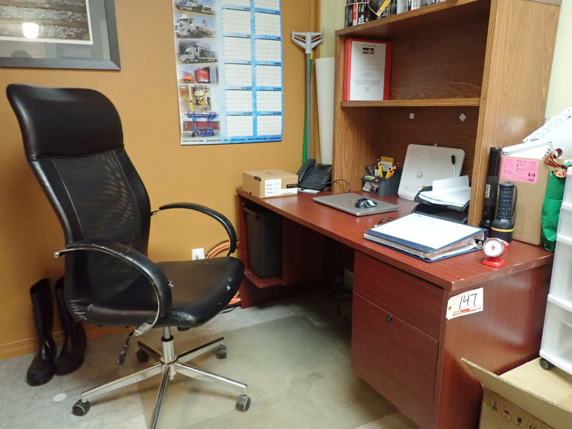 LOT - CONTENTS OF OFFICE AREA C/O: DESKS, CHAIRS, & BOOK SHELF