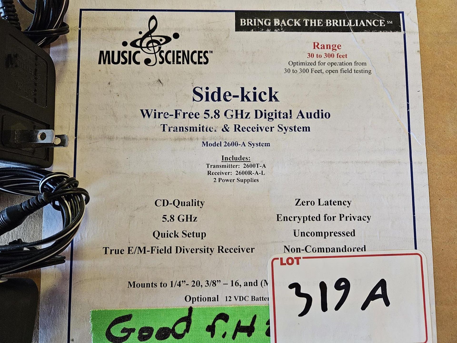 MUSIC SCIENCE SIDE KICK WIRE FREE 5.8 GHZ DIGITAL AUDIO TRANSMITTER & RECEIVER SYSTEM MODEL 2600 A - Image 2 of 2