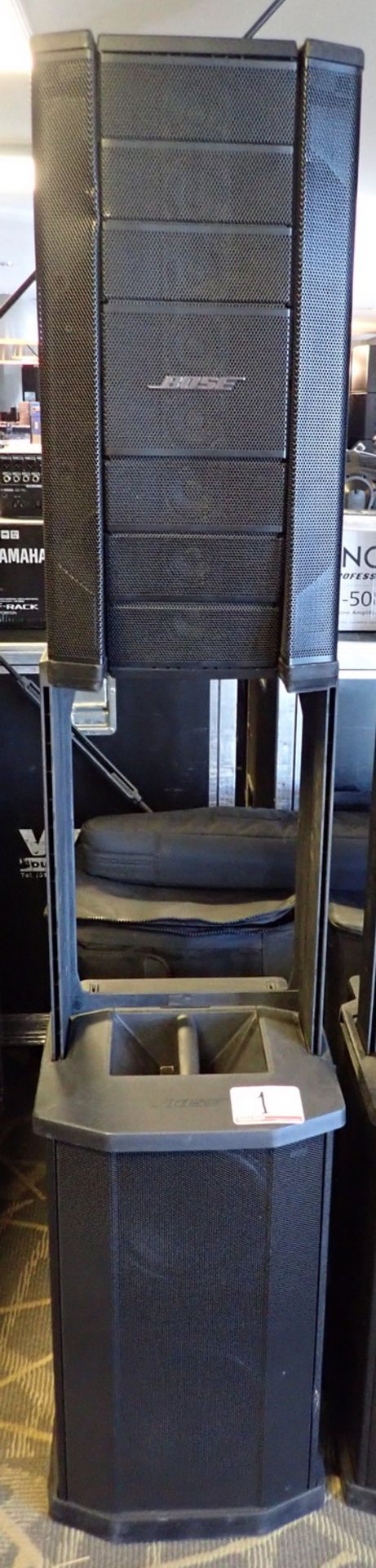 LOT - BOSE F1 812 FLEXIBLE ARRAY C/W F1 SUBWOOFER, STAND, & TRAVEL SOFT CASE