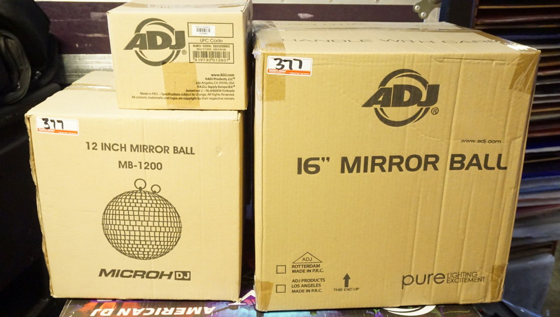 LOT - ADJ, MICROH MB 1200 16" MIRROR BALL C/W 12" BLACK MIRROR BALL, ADJ AC MOTOR
