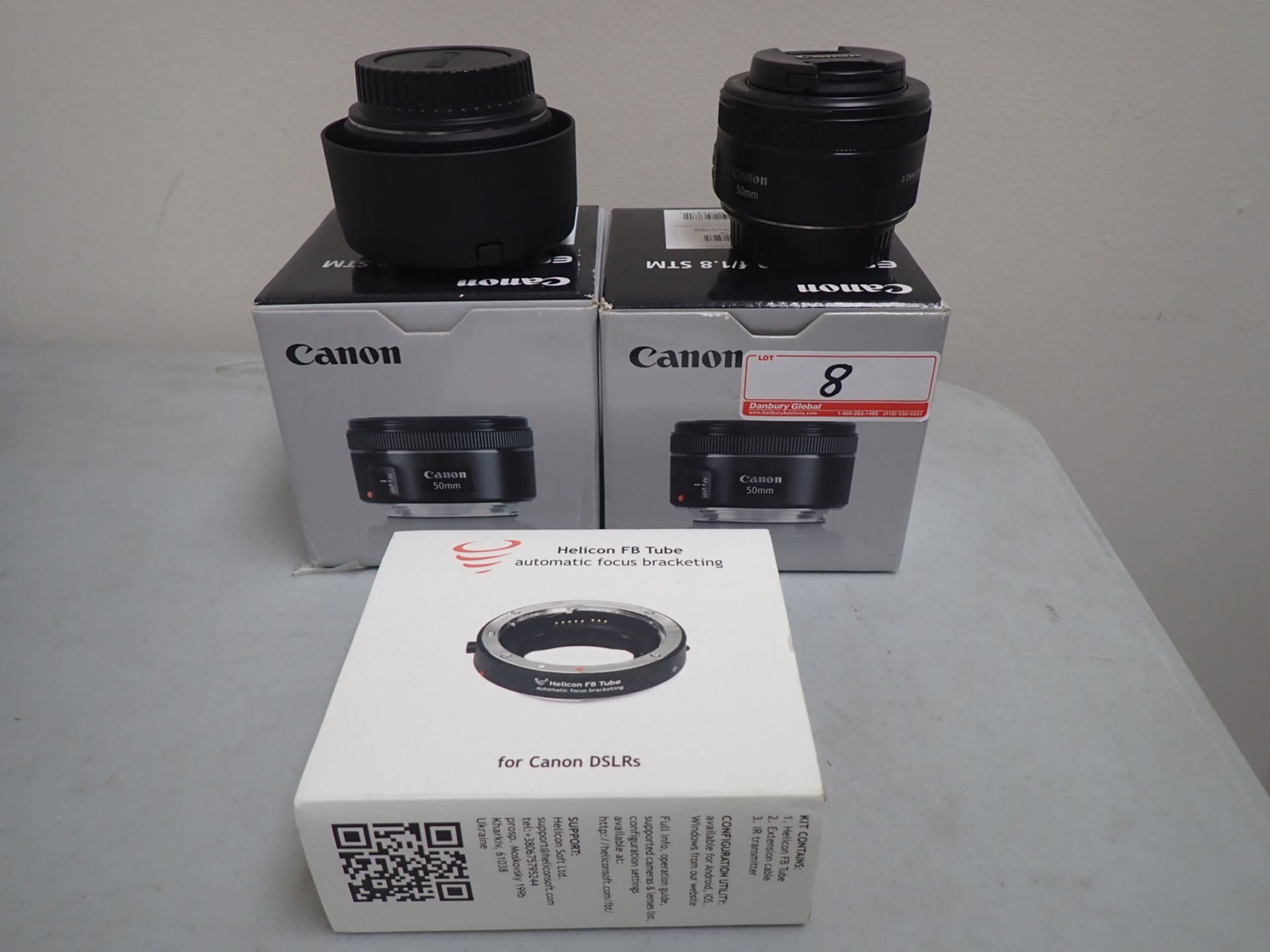 LOT - CANON ES-68 & 0.35M/1.1 FT- 00 ASSTD 50MM LENSES & HELICON FB TUBE AUTO FOCUS BRACKETING