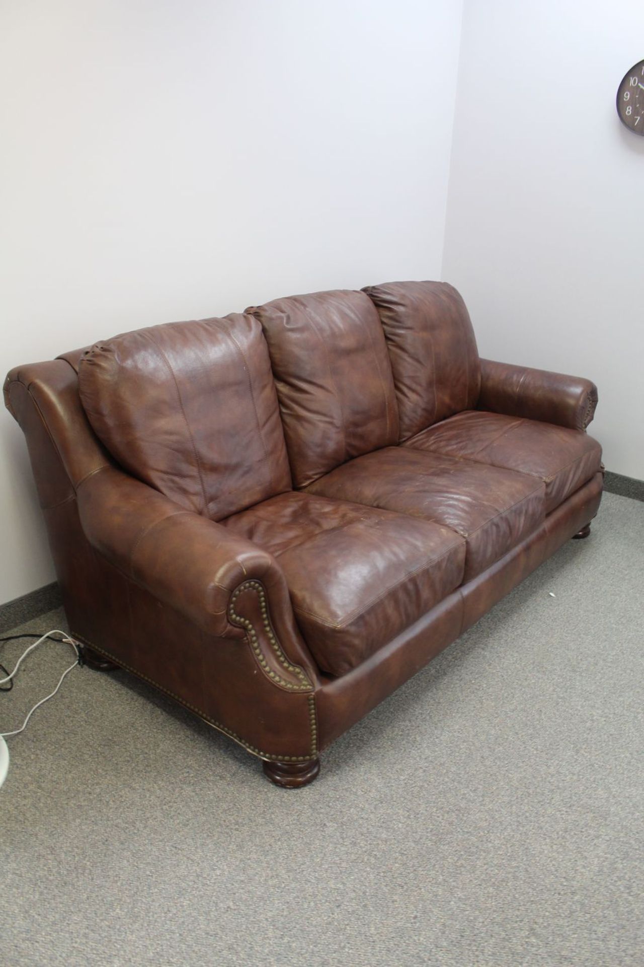 BROWN LEATHER 3-SEAT SOFA W/ STUDS - 88"L X 45"D X 36"H (LOCATED AT: NIAGARA ON-THE-LAKE, ONTARIO - Image 3 of 3