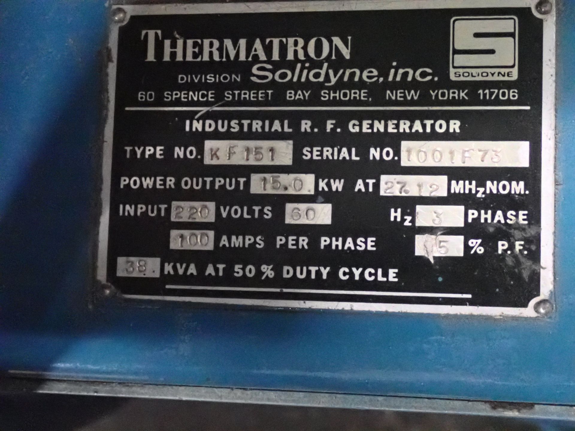 THERMATRON SOLIDYNE THERMATRON KF 151 15KW 38KVARF WELDING PLATEN PRESS W/ 29" X 53"BED & 5' IN& - Image 2 of 9