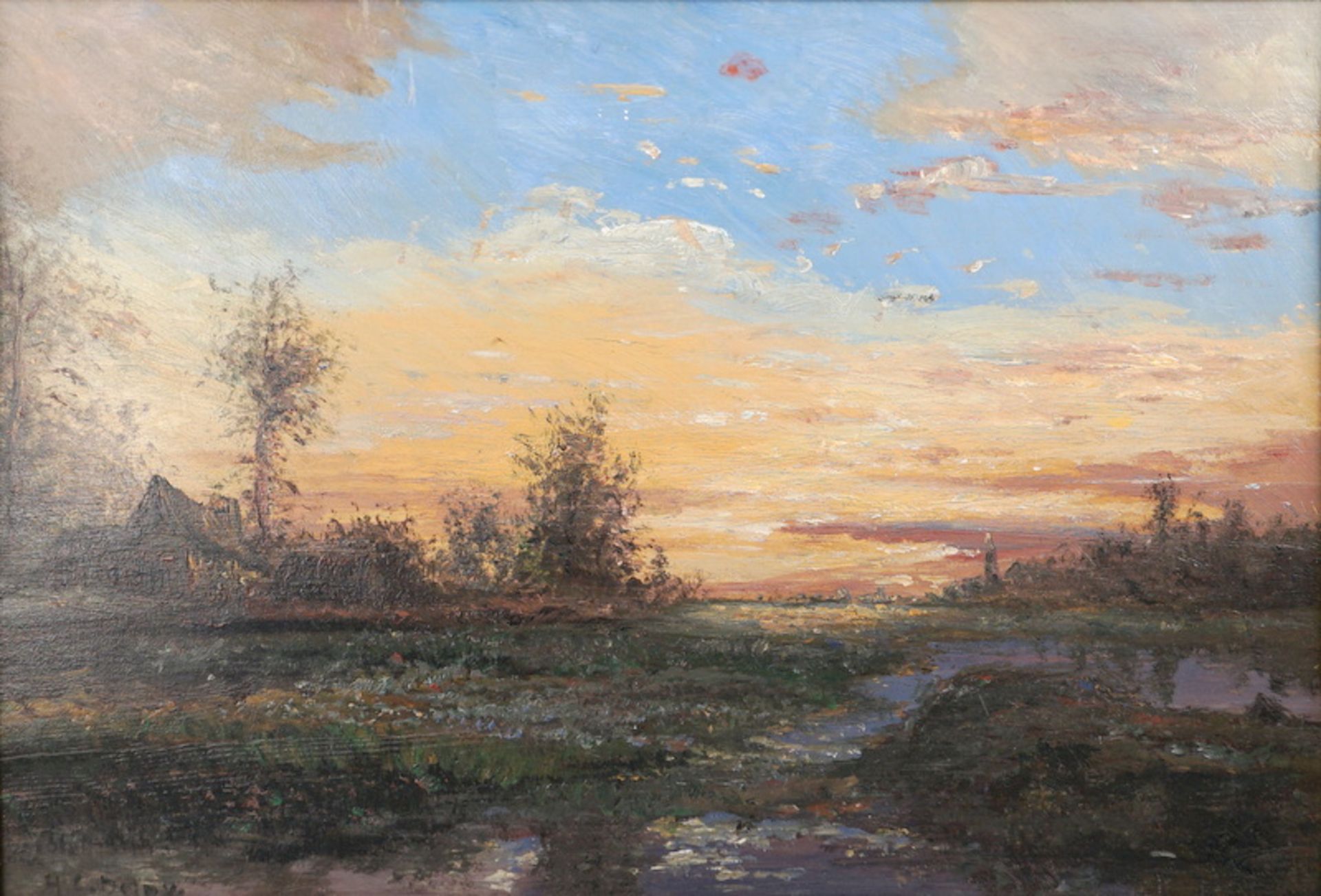 Delpy, Hippolyte Camille: Sonnenaufgang über einem französischem Dorf mit Bachlauf - Image 2 of 6