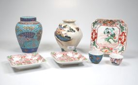 Kutani Vase, Schalen und Deckeltopf aus Seto 6 Stck Japan