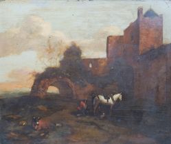 Wouwerman, Philips (Zugeschr): Pferd u. Reiter beim Hufschmied vor Steinbogenruine u. Gebäuden