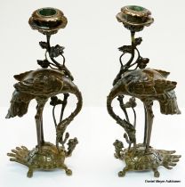 Pärchen japanische Bronzeleuchter als Reiher ca. 1880