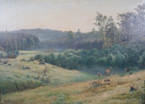 Zimmermann, Carl: 2 Hirschkühe im Morgendunst auf Waldlichtung - dat. 1894