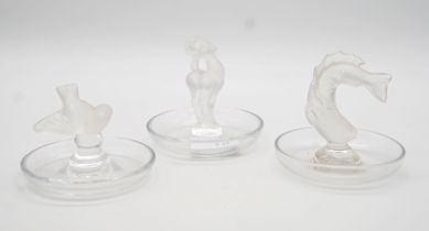 Rene Lalique, Wingen sur Moder: 3 Glasschalen mit Tierskulpturen
