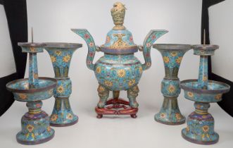 Cloisonné-Altargarnitur, 5teilig daoistischer Weihrauchbrenner