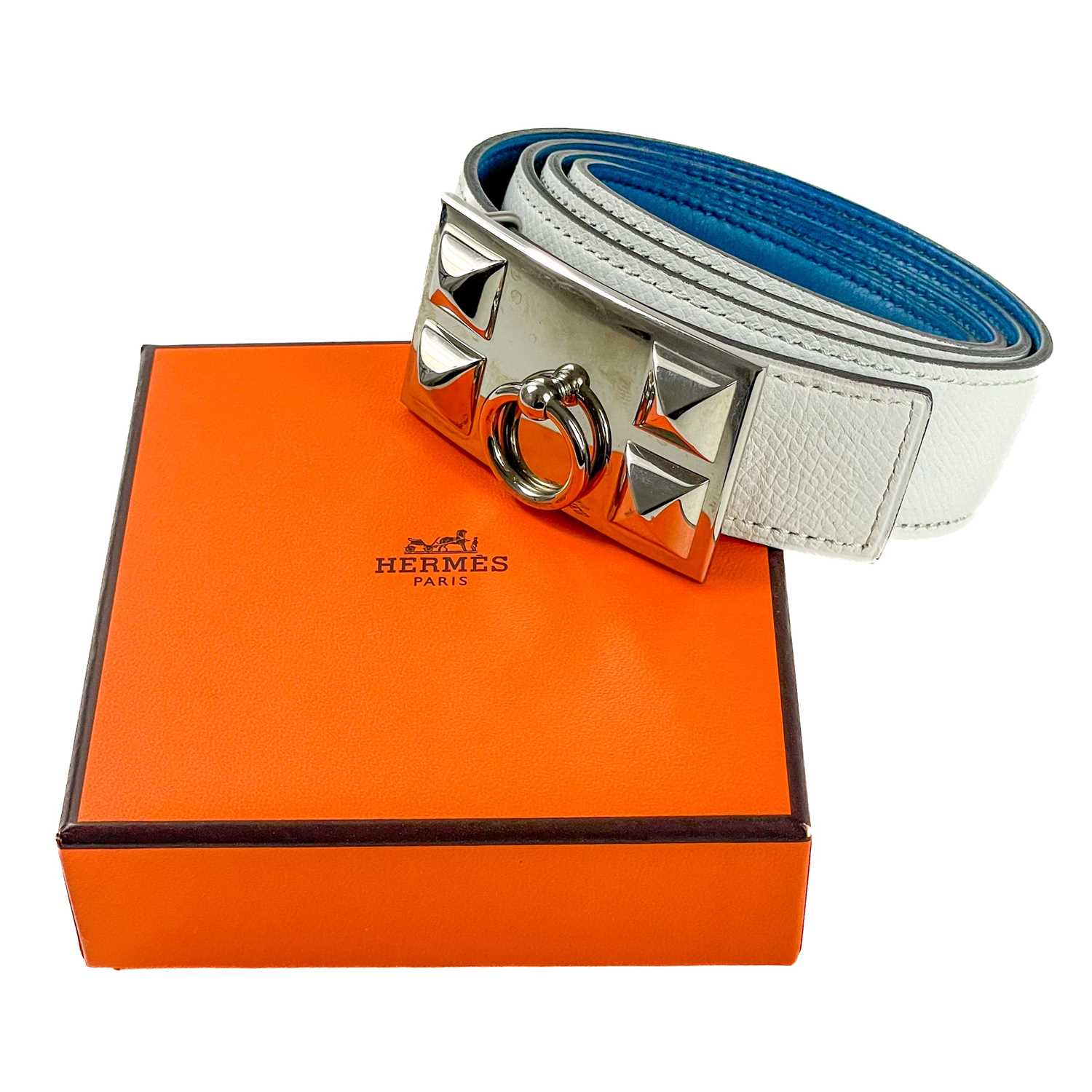 A Hermes H buckle reversible white and blue leather belt. - Image 3 of 4