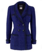 A Chanel 'Kate Middleton' black trimmed double-breasted blazer in cobalt blue, circa 1995.