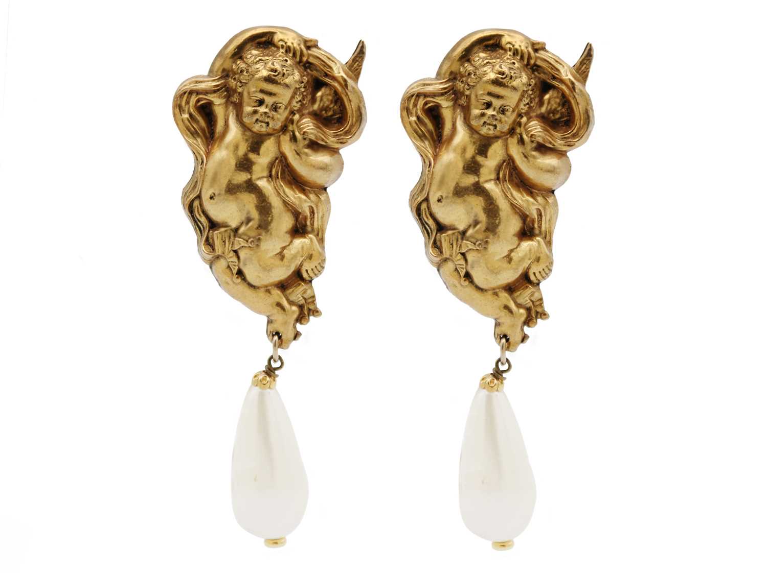 A Chanel rare pair of impressive cherub and faux pearl drop clip earrings, circa 1980's.