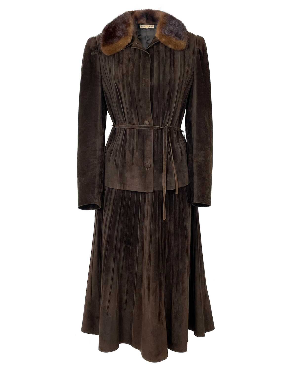 A Beltrami brown suede leather fitted jacket and skirt set.