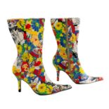 A pair of Blu stiletto boots with comic strip pop art print.