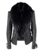 A Balmain Paris black quilted lambskin and racoon fur collar biker jacket, size 38.