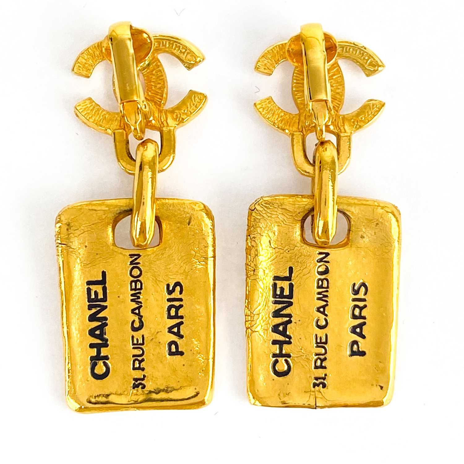 A Chanel 24ct gold-plated pair of CC and label pendant earrings, circa 1980's. - Image 2 of 2