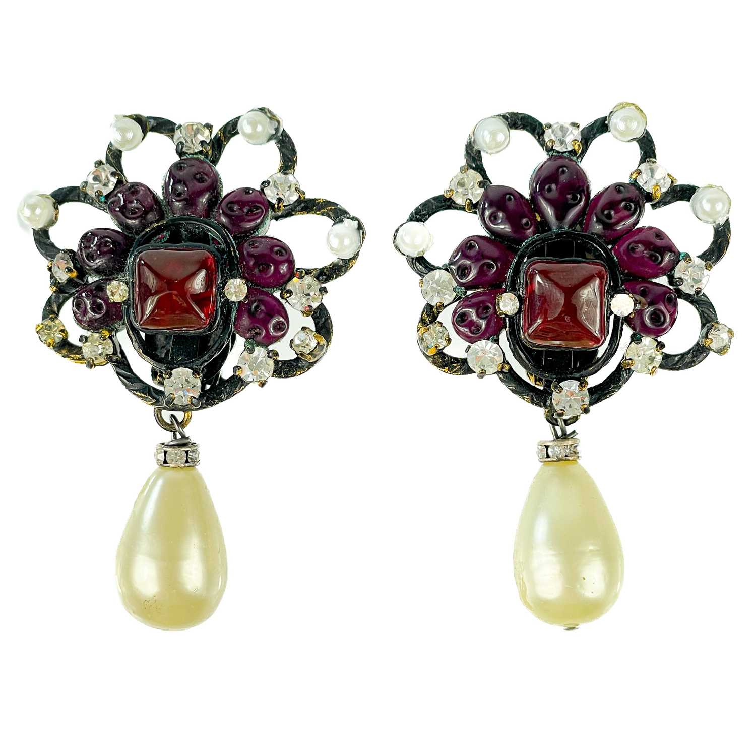 A Chanel pair of 1970's blackened metal Gripoix, faux pearl and crystal earrings.