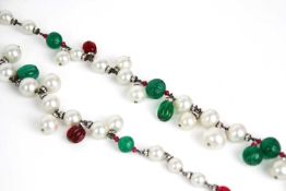 A Chanel 'Opera' red and green Gripoix fluted bead, faux pearl and crystal set sautoir necklace, cir