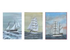 Three mixed media works of masted schooners with white highlights
