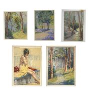 Five pastel works on card Four of trees and one a figure study