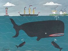Stephen CAMPS aka Scamps (Cornish Naïve School, 1957) Whales, a boat, houses and a lighthouse
