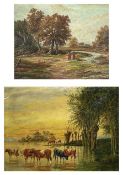 Two countryside views Both oils, one on wooden board