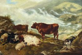 Manner of Thomas Sydney COOPER (1803-1902) Highland Cows and other animals among the misty mountains