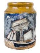 Style of Alfred WALLIS (1855-1942) Painted ship on ceramic storage jar