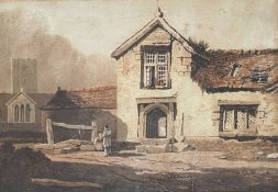 Attributed to Samuel PROUT (1783-1852) Figures before a stone cottage, church behind.