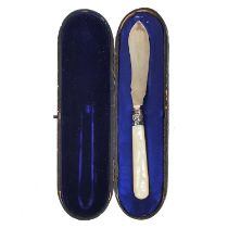 A Victorian silver-bladed butter knife with a mother-of-pearl handle by George Unite.