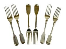 A Victorian silver set of five table forks by Elizabeth Eaton, and one other.