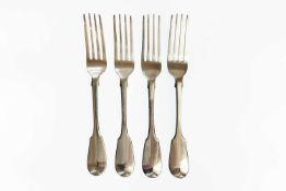 A George IV silver set of four fiddle pattern table forks by William Chawner.