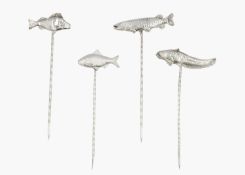 A contemporary .999 fine silver set of four 'fish' olive picks by James Suddaby.