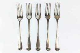 A George III silver set of five Old English table forks by Hester Bateman.