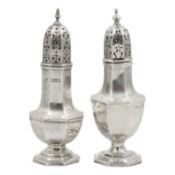 Two silver baluster sugar casters.