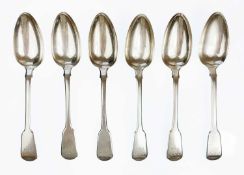 A George III silver set of six fiddle pattern table spoons by William Eley & William Fearn.