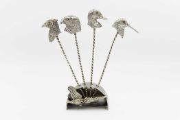 A contemporary .999 fine silver set of four 'Hunting' olive picks by James Suddaby.