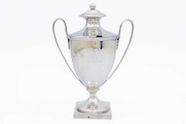 A George III silver twin handled pedestal lidded mustard pot by Abraham Peterson & Peter Podio.