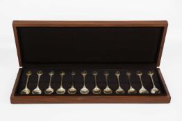 A cased set of twelve silver RSPB spoons by John Pinches Ltd.