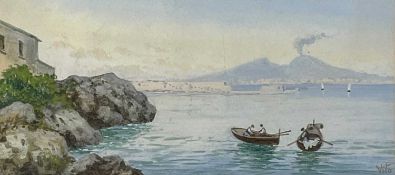 Follower of Camillo DE VITO (XVIII-XIX) Fishermen with Vesuvius erupting in the background