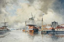 Louis VAN STAATEN, aka Hermanus II KOEKKOEK (1836-1909) River view with boats and windmills