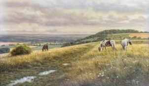 David MORGAN (1947) Horses grazing on a hillside