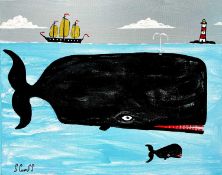 Stephen CAMPS aka Scamps (Cornish Naïve School, 1957) Two Whales, a Lighthouse and a Sailboat