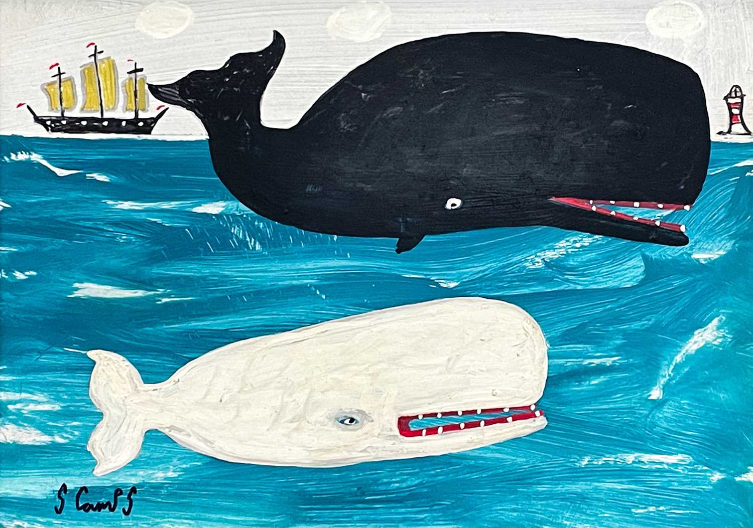Stephen CAMPS aka Scamps (Cornish Naïve School, 1957) Two Whales, a Boat and a Lighthouse
