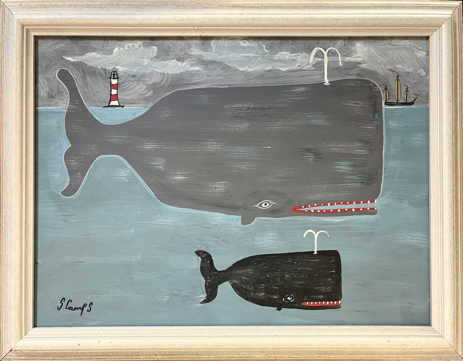 Stephen CAMPS aka Scamps (Cornish Naïve School, 1957) Two Whales, A Lighthouse And A Boat - Image 2 of 3