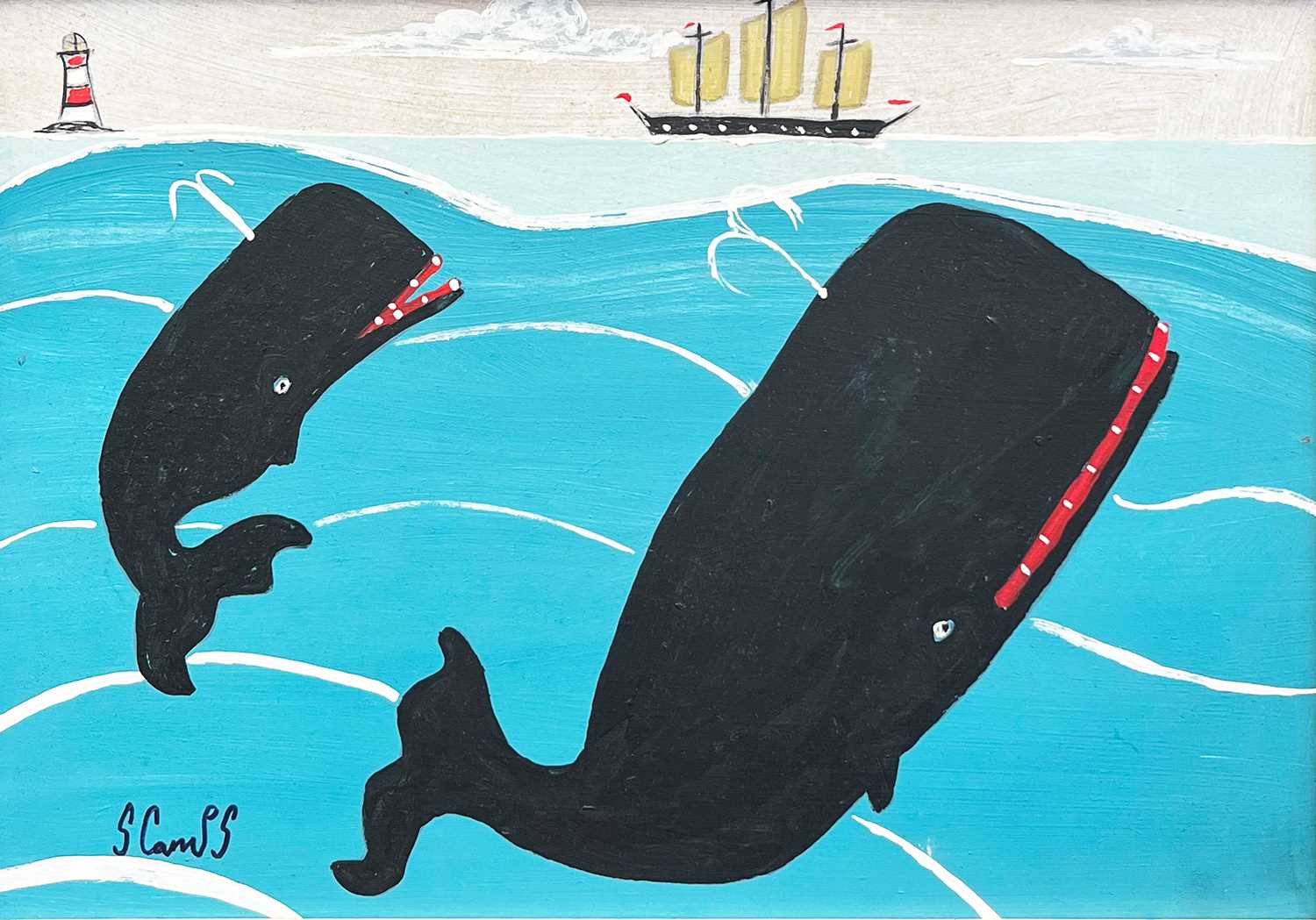 Stephen CAMPS aka Scamps (Cornish Naïve School, 1957) Two Whales, A Ship and A Lighthouse