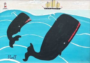 Stephen CAMPS aka Scamps (Cornish Naïve School, 1957) Two Whales, A Ship and A Lighthouse